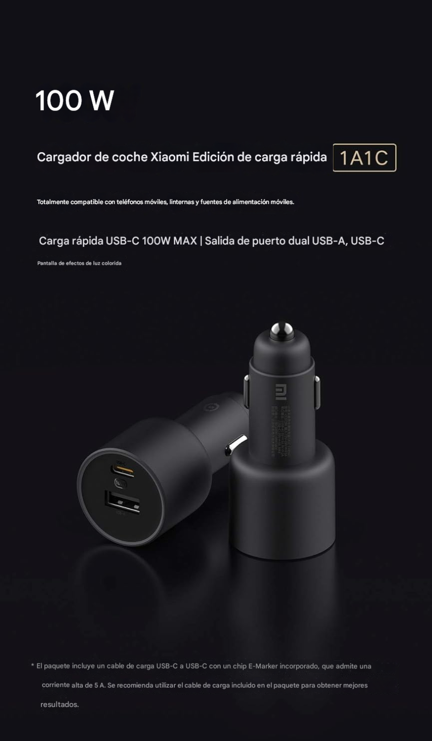 Cargador de Auto Xiaomi Mi 100W – Doble Puerto USB-C + USB-A