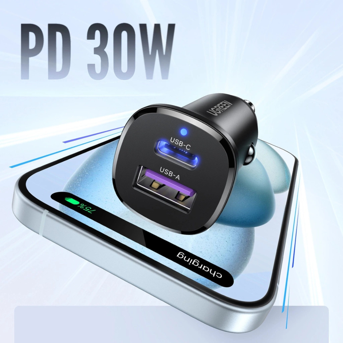 Cargador para Auto UGREEN 30W – USB-C y USB-A | Compacto y Rápido