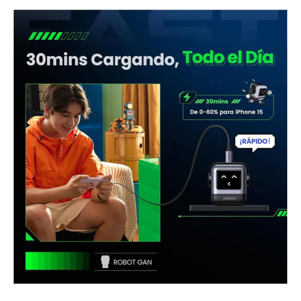 Adaptador Ugreen Nexode Robot 30w Usb-c Pd GaN Rápido Gris
