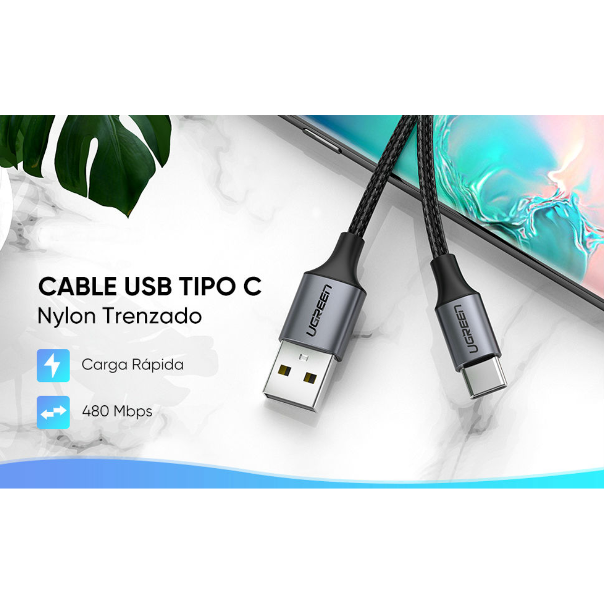 Cable UGREEN USB-A a USB-C 1M – Aluminio Reforzado Gris
