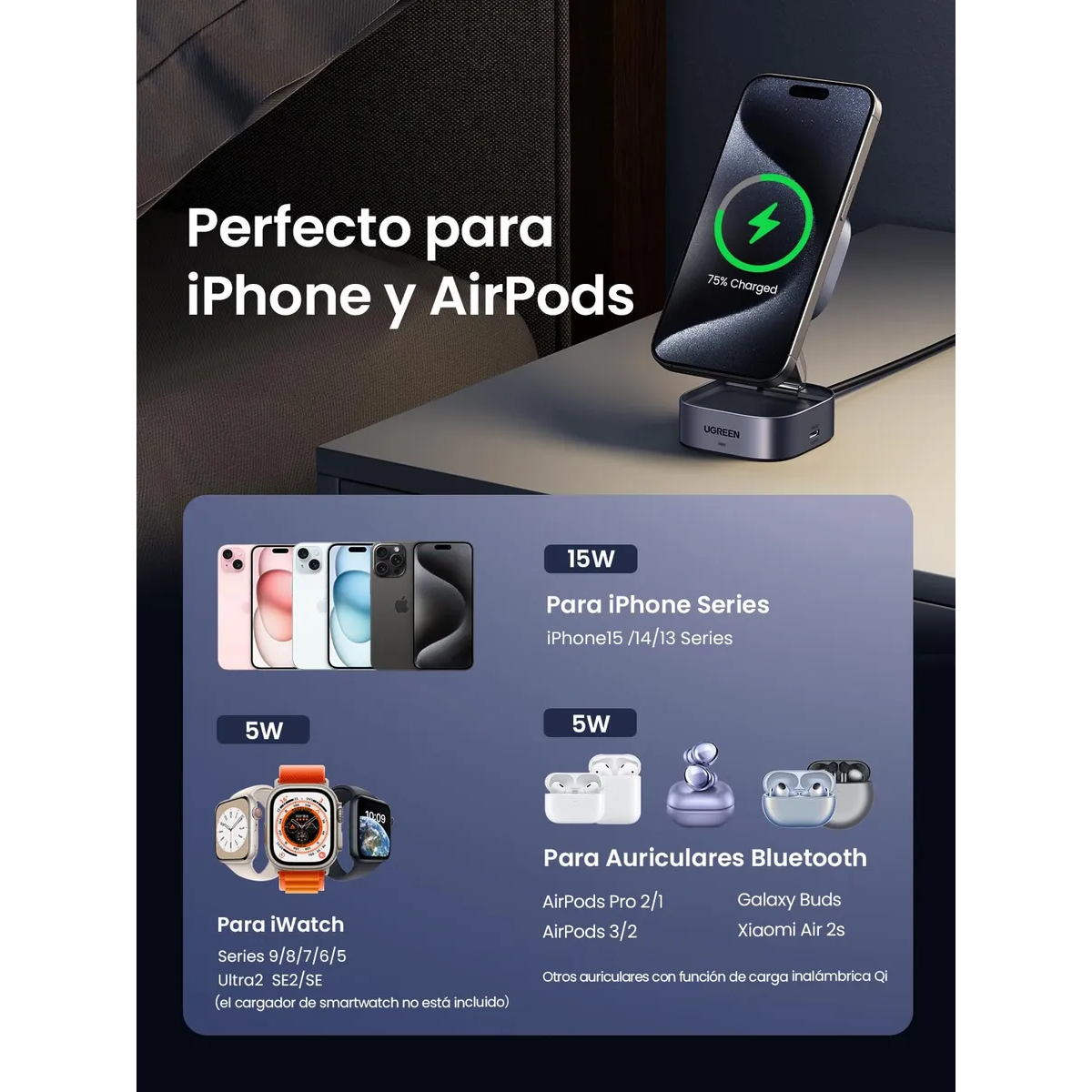 Cargador Magsafe UGREEN 2 en 1 | 15W Inalámbrico + Base