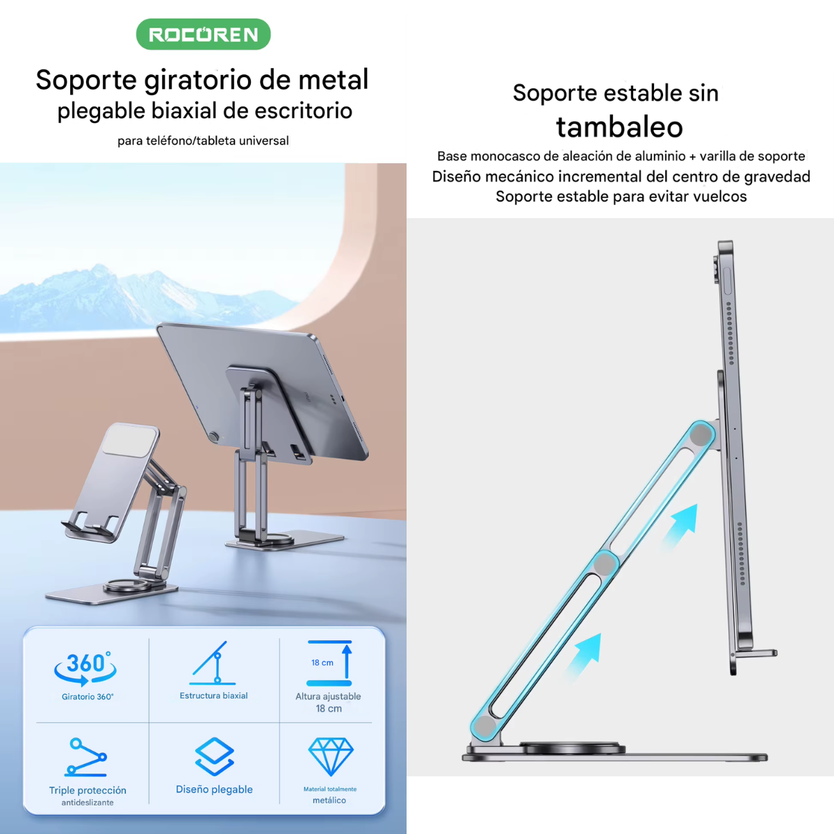 Soporte Ajustable RocoRen 360° para Celular y Tablet – Plegable, Antideslizante
