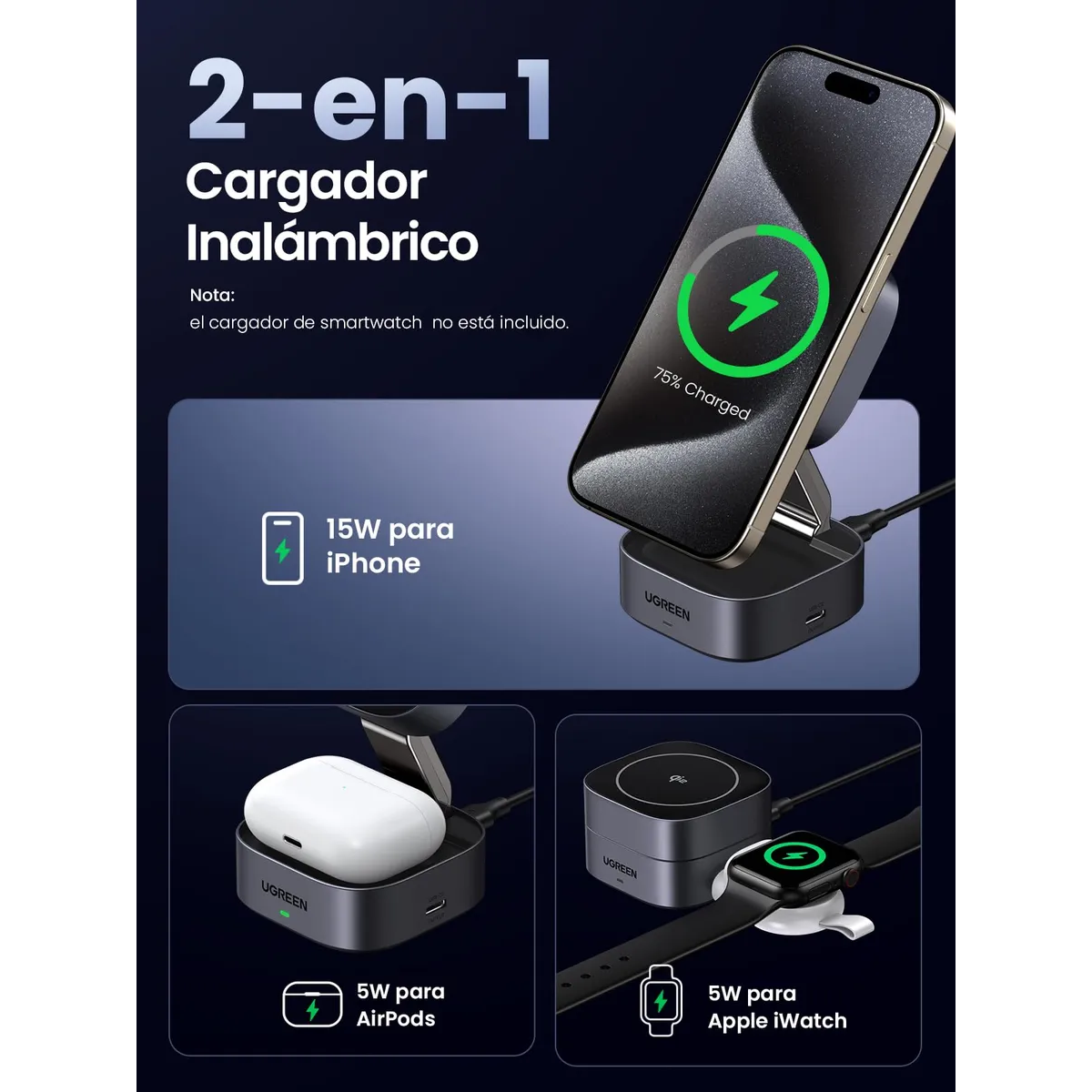 Cargador Magsafe UGREEN 2 en 1 | 15W Inalámbrico + Base