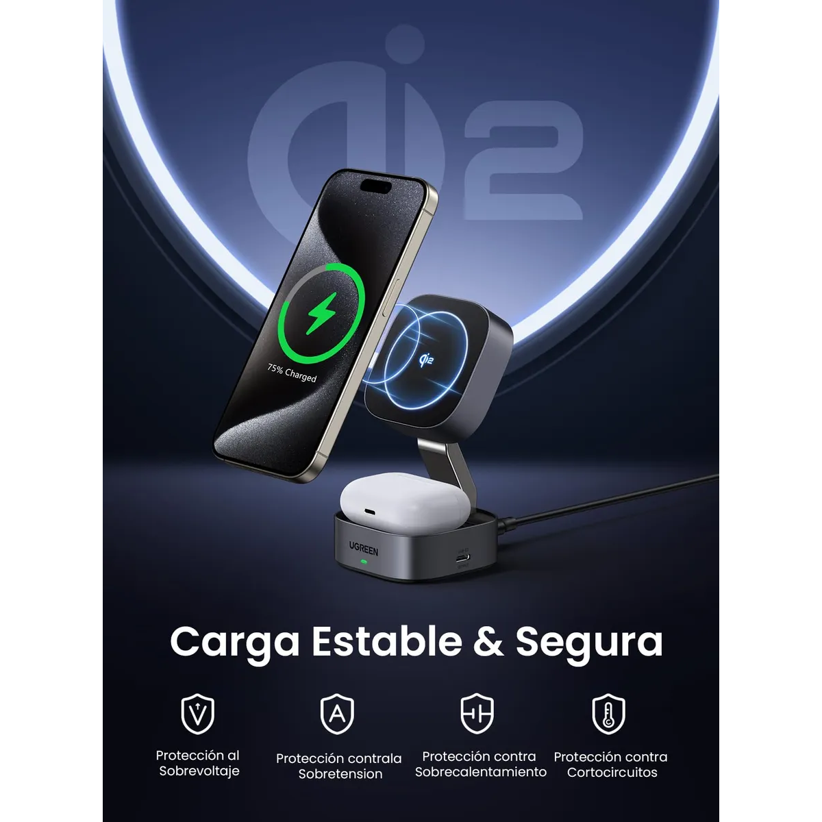 Cargador Magsafe UGREEN 2 en 1 | 15W Inalámbrico + Base