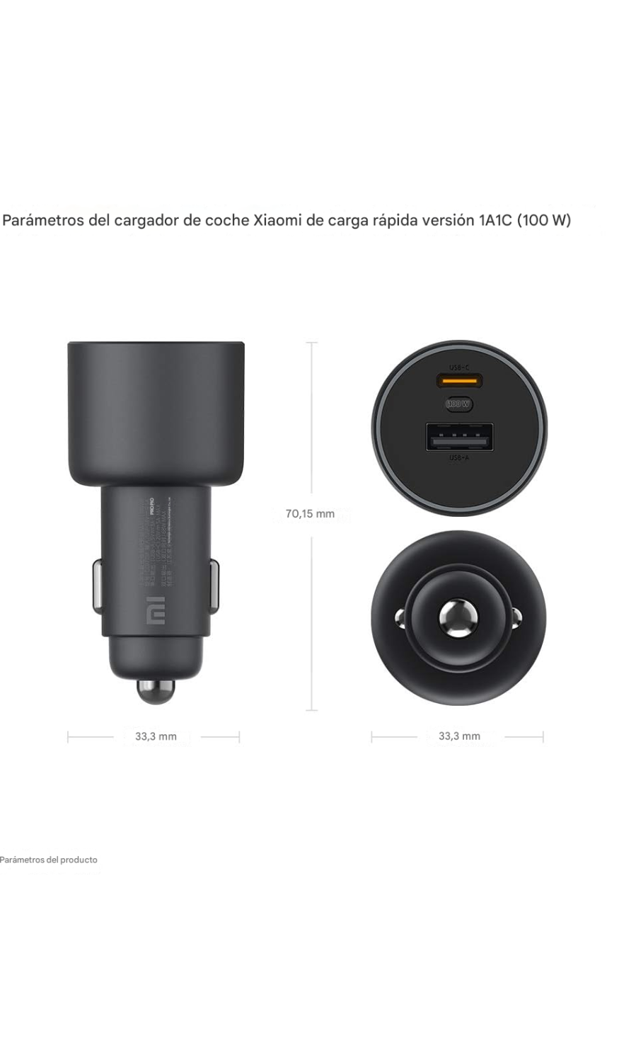 Cargador de Auto Xiaomi Mi 100W – Doble Puerto USB-C + USB-A
