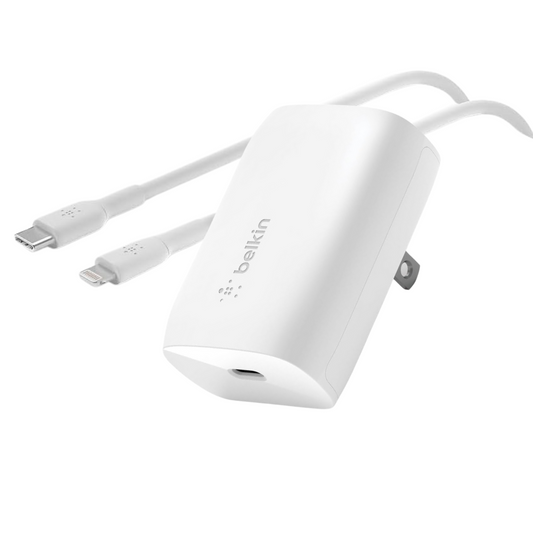Cargador Belkin 30W USB-C a Lightning – MFi Original | Blanco
