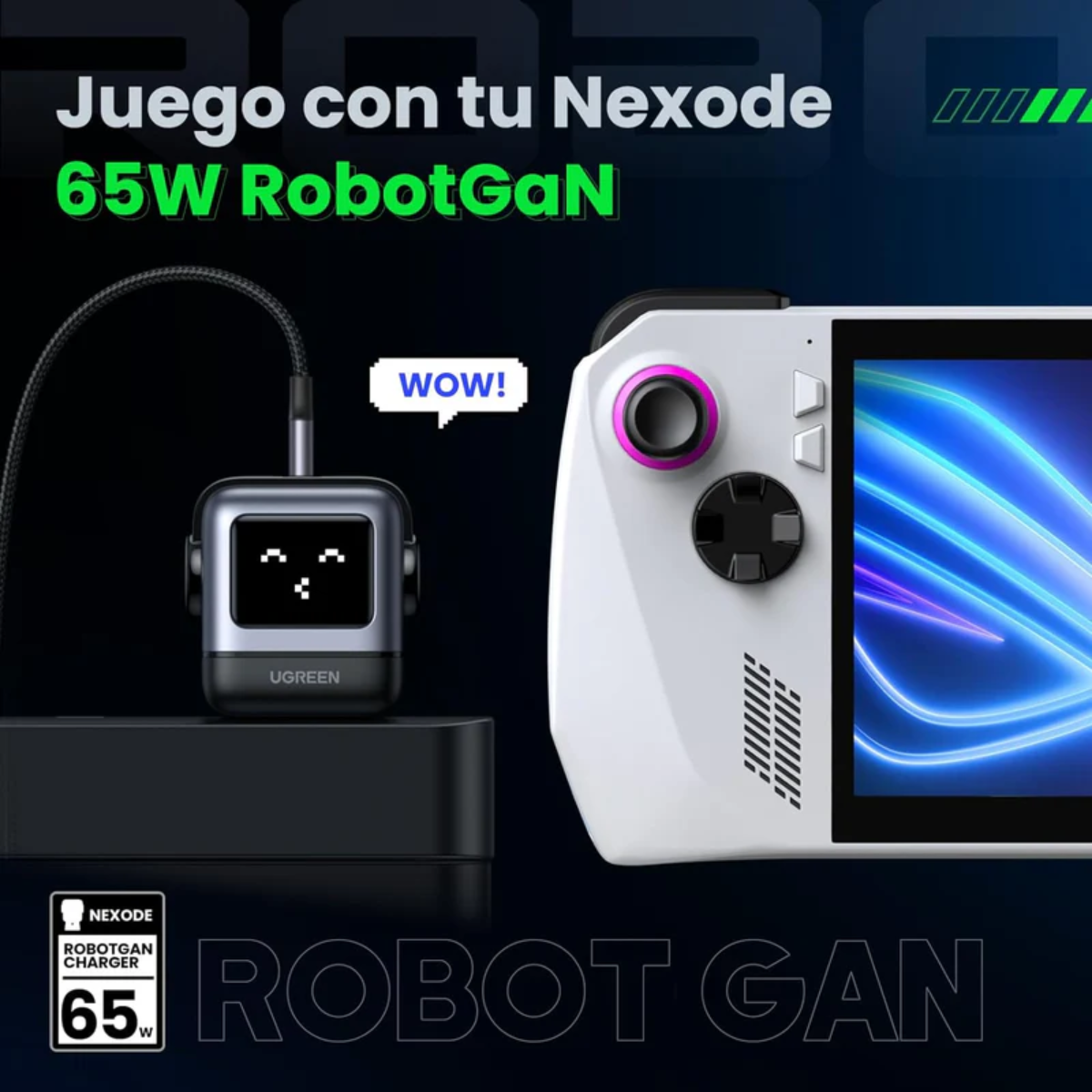 Adaptador Ugreen Robot 65w Gan 3-puertos Nexode Rapido Gris