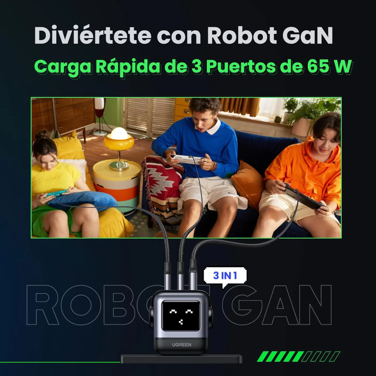 Adaptador Ugreen Robot 65w Gan 3-puertos Nexode Rapido Gris