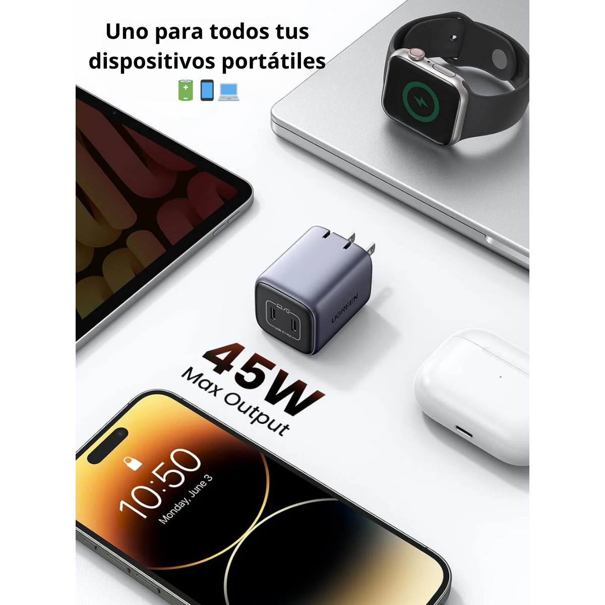 Adaptador UGREEN Nexode 45W USB-C – Potencia Compacta para Todos Tus Dispositivos