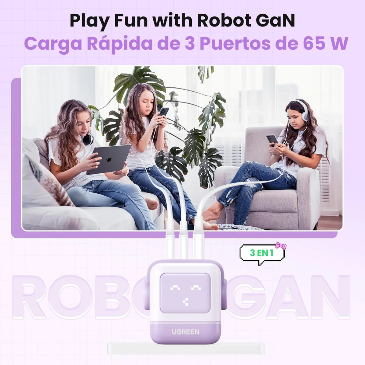 Adaptador UGREEN Robot Nexode 65W GaN de 3 Puertos Morado