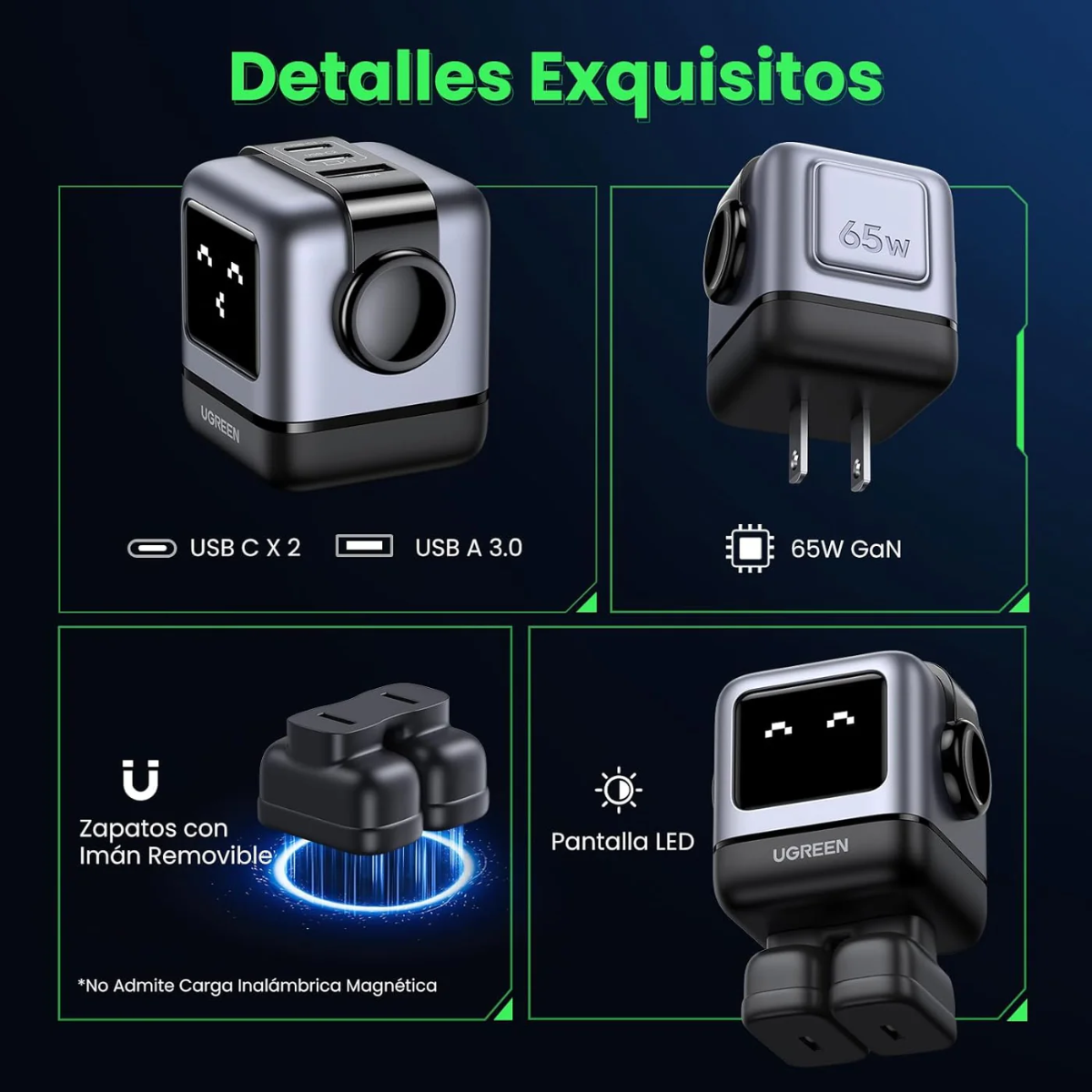 Adaptador Ugreen Robot 65w Gan 3-puertos Nexode Rapido Gris